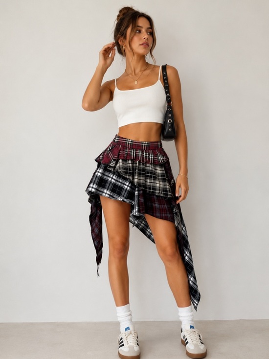 Anna-Kaci Dresses & Skirts - Anna-Kaci Women Asymmetric Plaid Mini Skirt with Layered Ruffle Details M